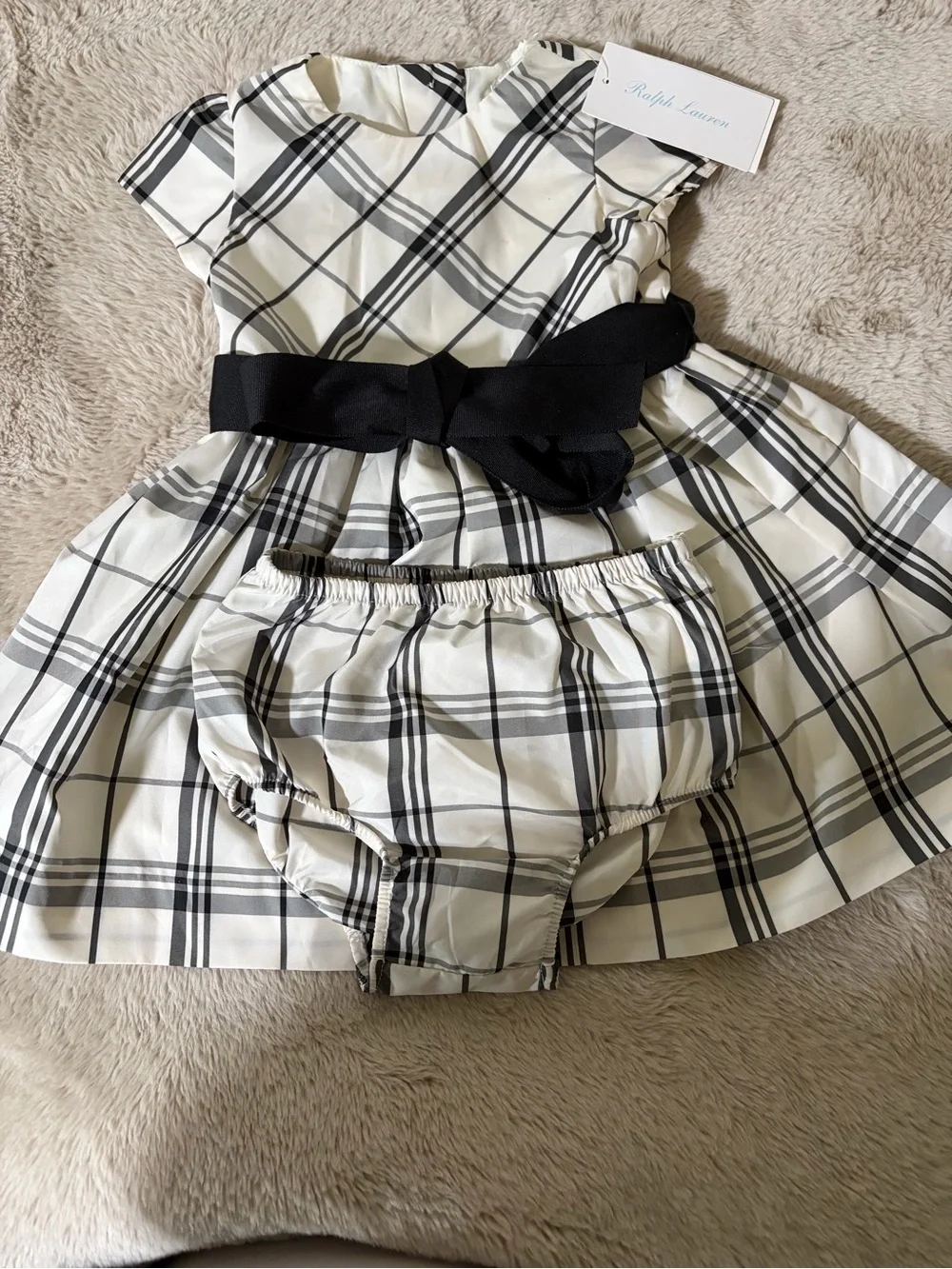Ralph Lauren White & Black Plaid Baby Dress with Black Bow and Bloomers